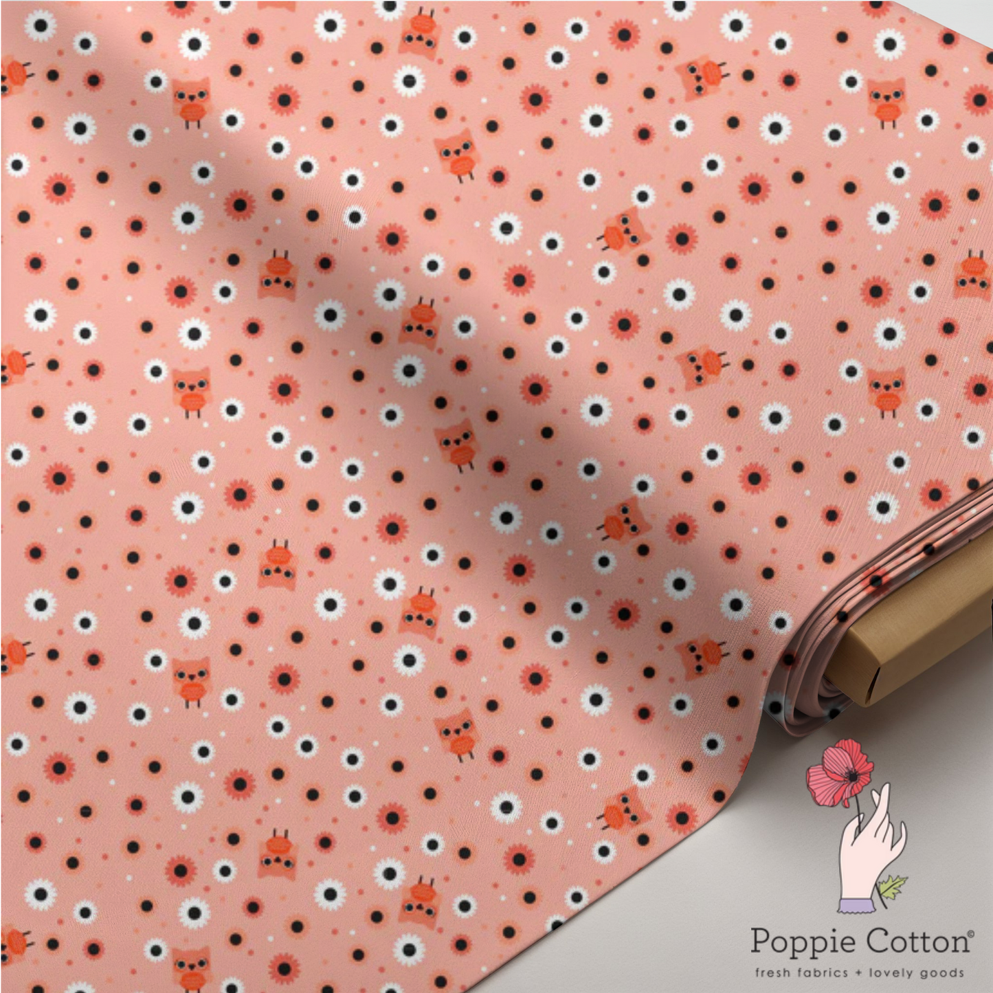 Not So Scary Halloween Cat Fabric – Poppie Cotton Orange Cats with Flowers on Peach - Ship May 2026