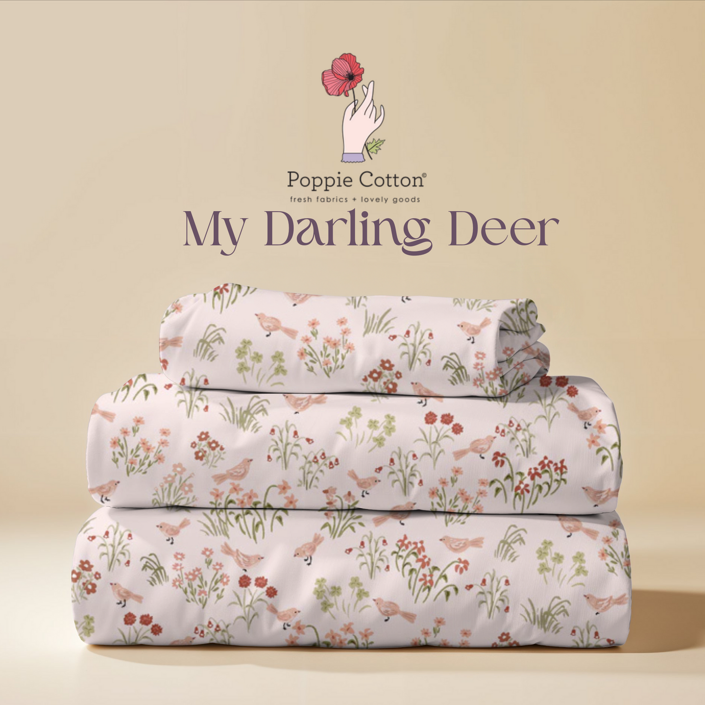 My Darling Deer - Wanderings Little Bird Blush Fabric – Poppie Cotton Pink Birds and Wildflowers - Ships January 2026