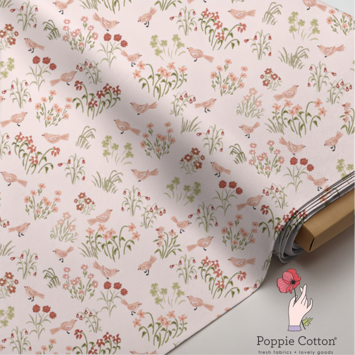 My Darling Deer - Wanderings Little Bird Blush Fabric – Poppie Cotton Pink Birds and Wildflowers - Ships January 2026