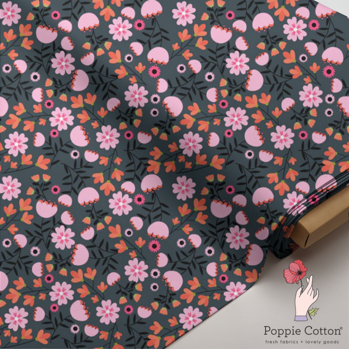 Not So Scary Floral Halloween Fabric – Poppie Cotton Dark Floral with Pink Orange Flowers - May 2026