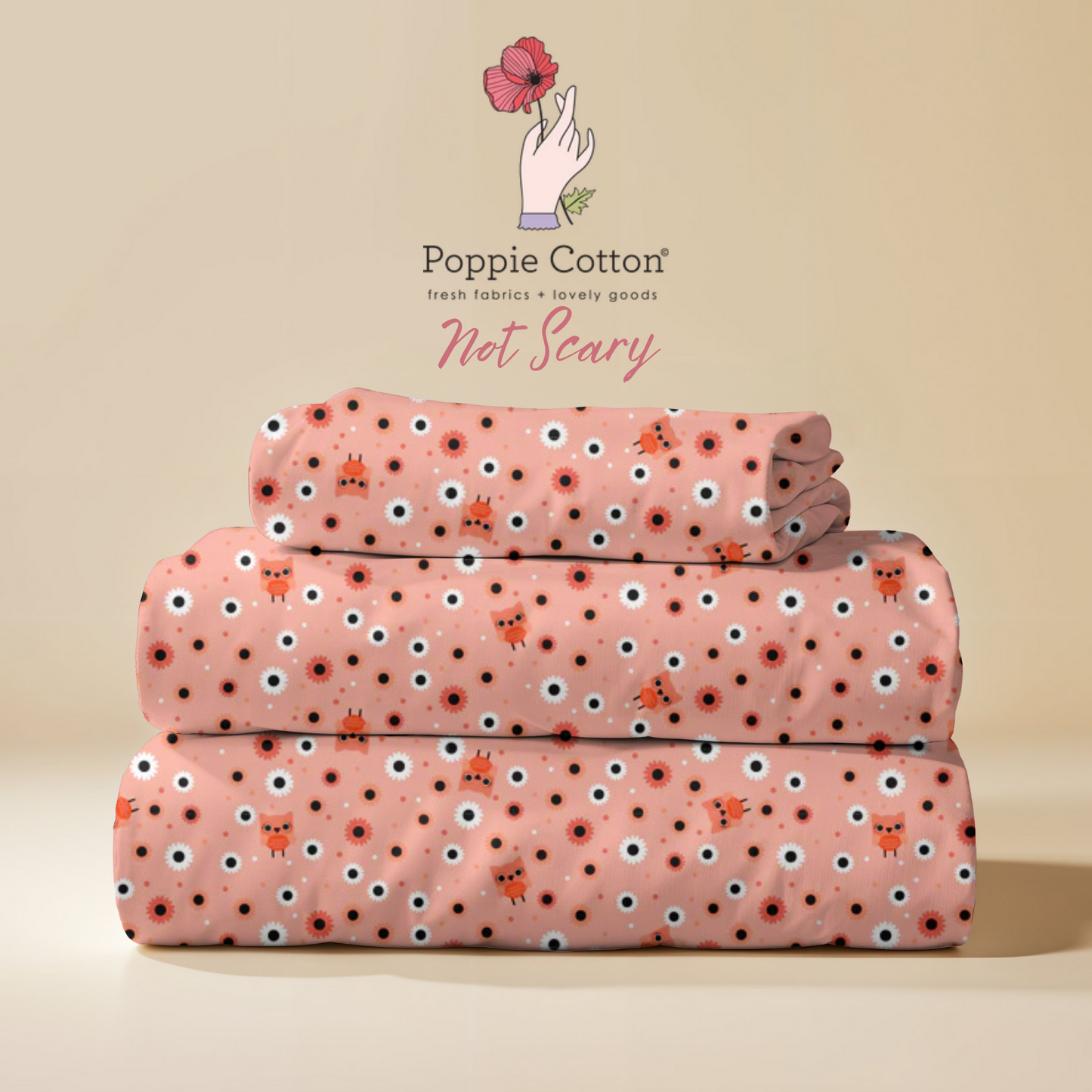 Not So Scary Halloween Cat Fabric – Poppie Cotton Orange Cats with Flowers on Peach - Ship May 2026