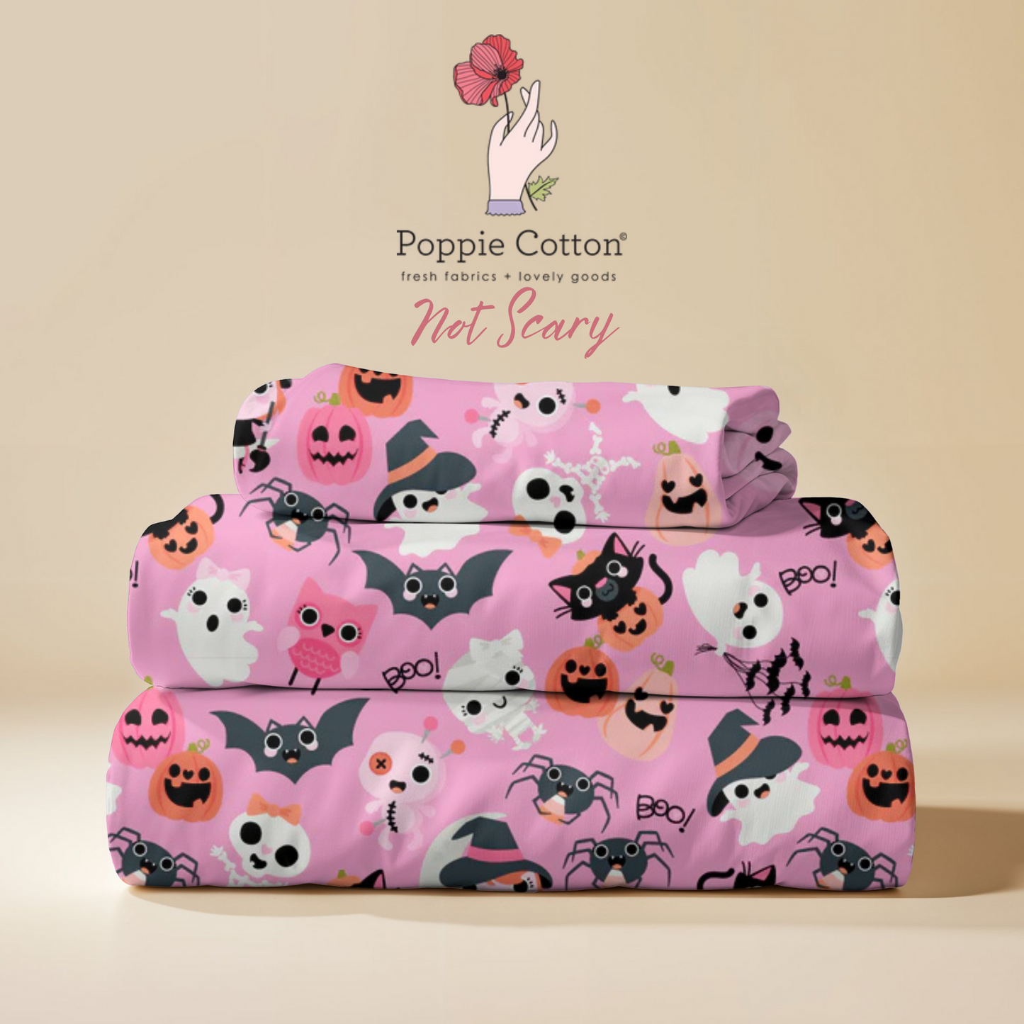 Not So Scary Halloween Fabric – Poppie Cotton Pink Ghosts Cats Bats Pumpkins - Ships May 2026