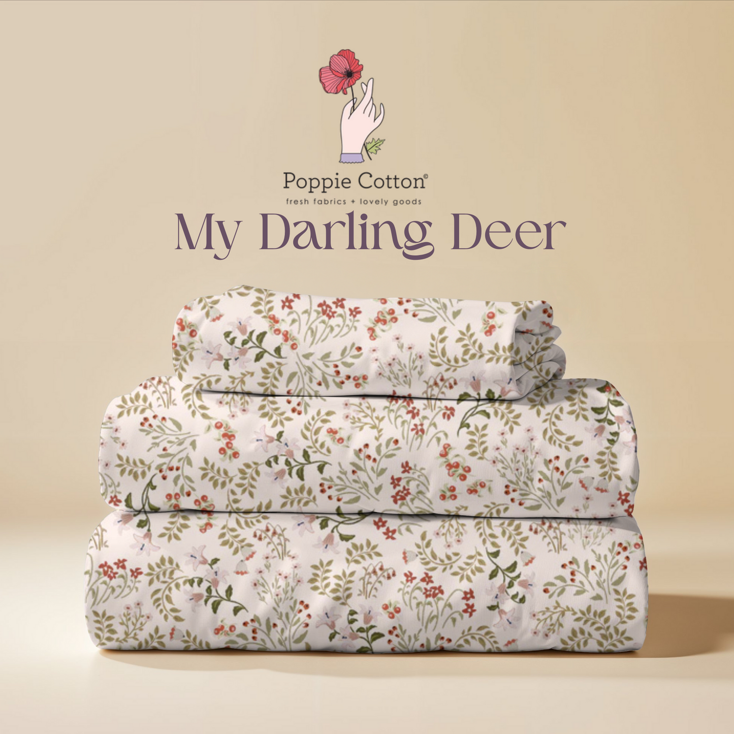 My Darling Deer Cream Floral Fabric – Poppie Cotton Pink Red Wildflowers on Wheat - Ships January 2026