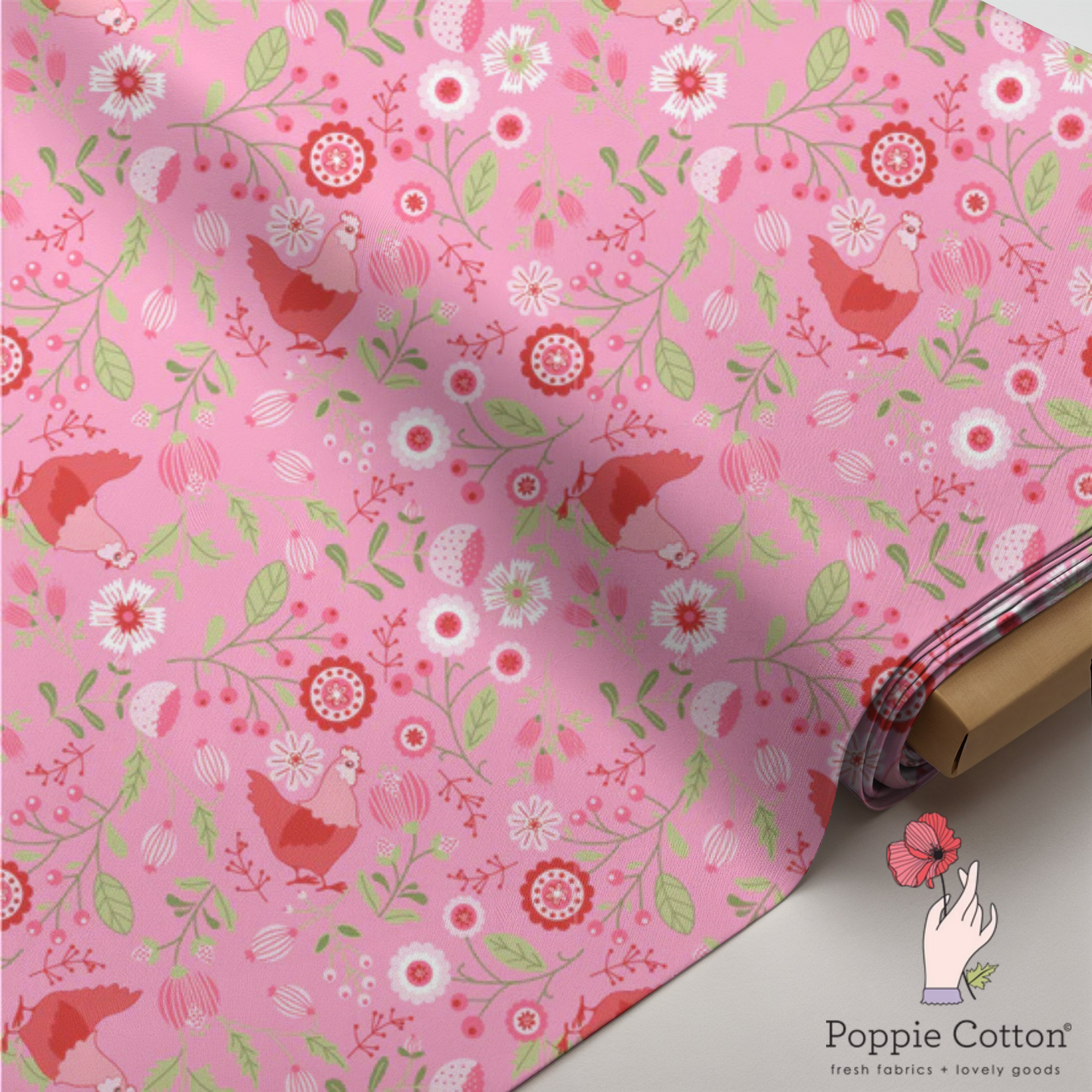 Smitten Chicken Pink Floral Fabric – Poppie Cotton Chickens Flowers on Pink - Ships June 2026