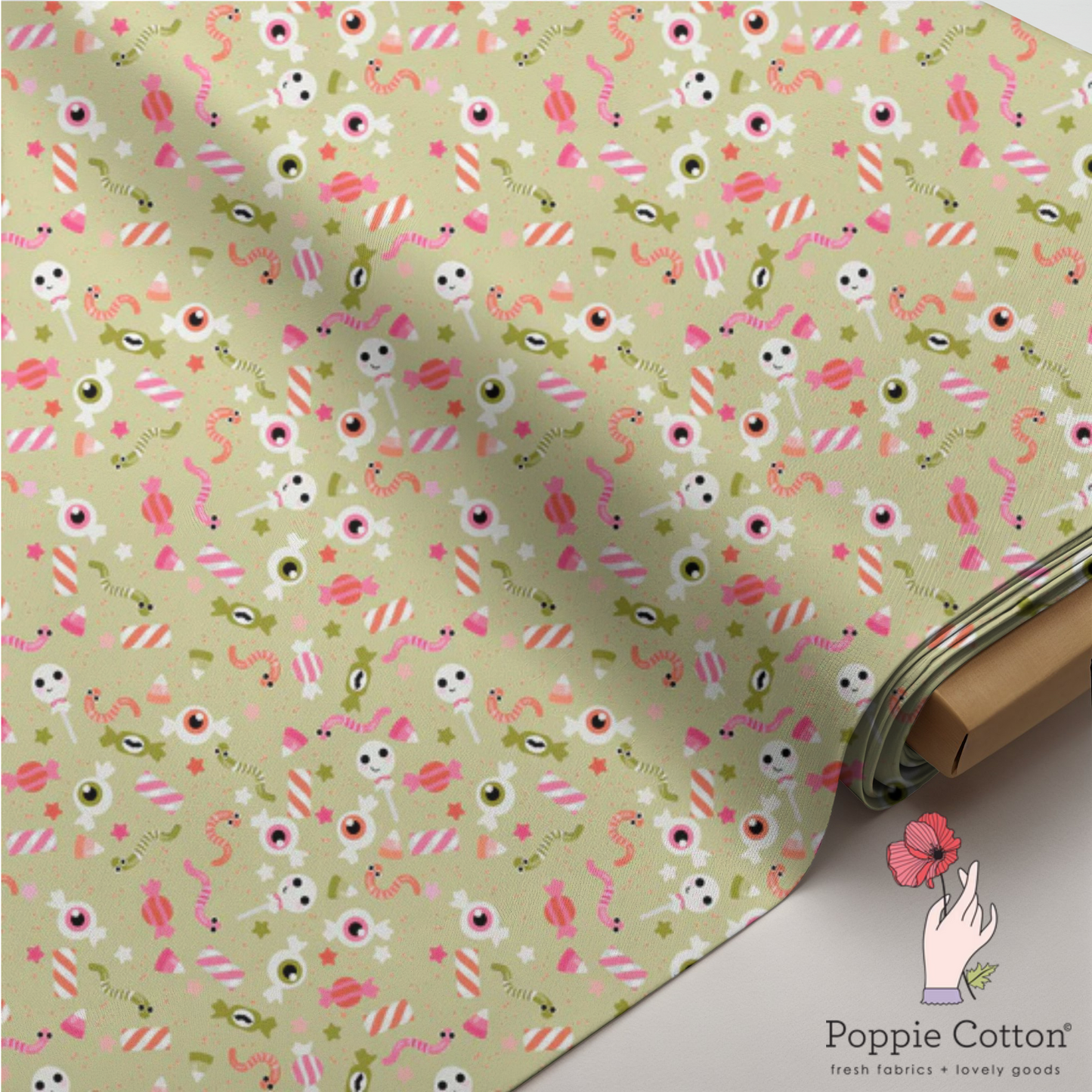 Not So Scary Halloween Candy Fabric – Poppie Cotton Skulls Eyeballs Worms on Green