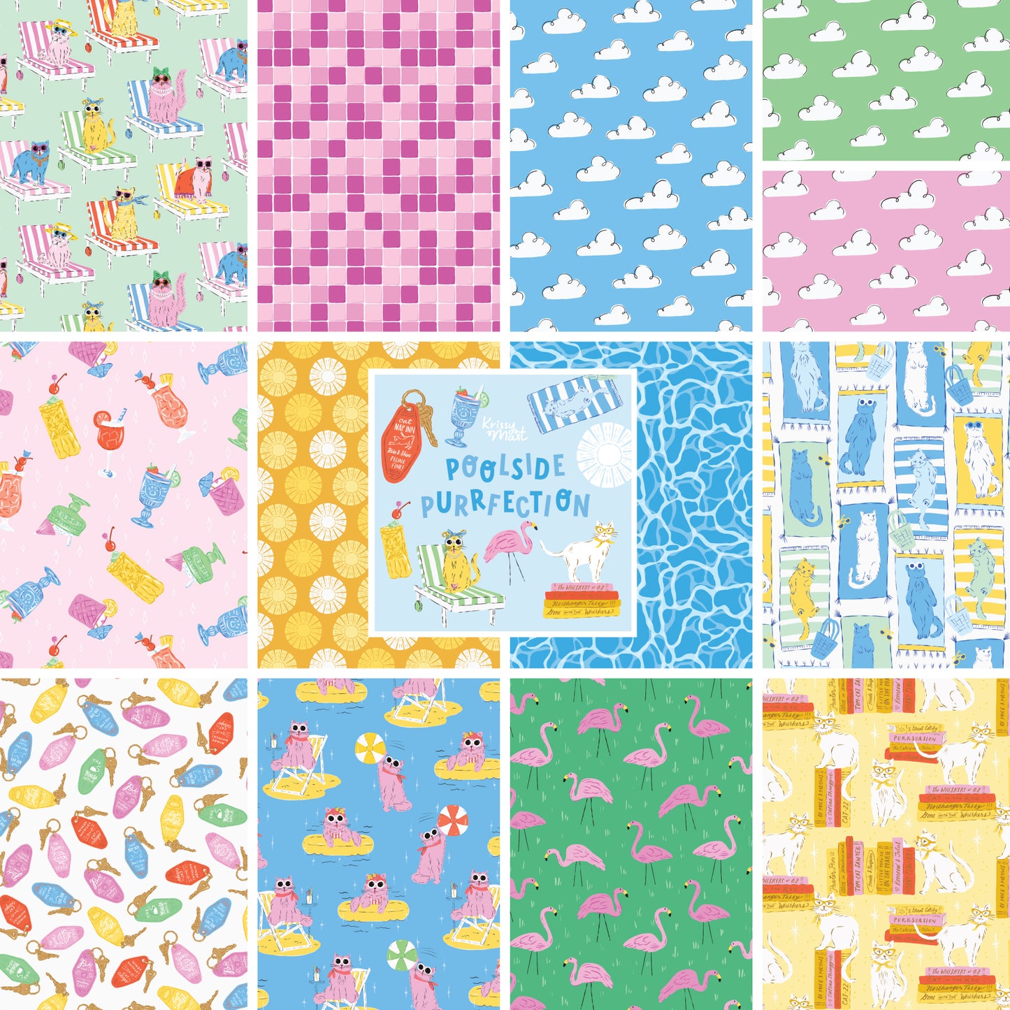 Pool Purfection Cats | Cloud9 Fabrics | Organic Cotton Quilting Fabric | Summer Cat Print | Ships March 2026