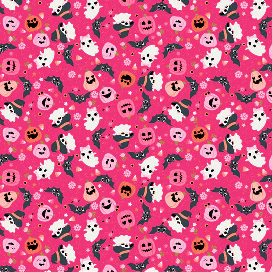 Not So Scary Pink Halloween Fabric – Poppie Cotton Ghosts Bats Pumpkins on Hot Pink - Ships May 2026
