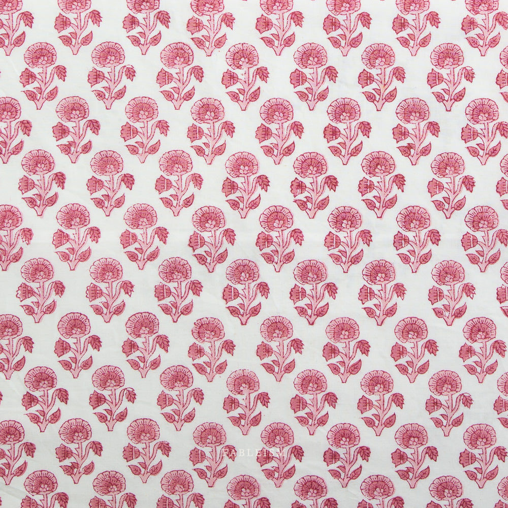 Fableism Indian Block Prints: Cottage – Pink Stamp Floral Hand-Blocked 100% Cotton Fabric for Quilting and Sewing