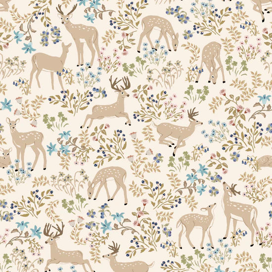 My Darling Deer Fabric – Poppie Cotton Cream Forest Animal with Blue Floral - Ships January 2026