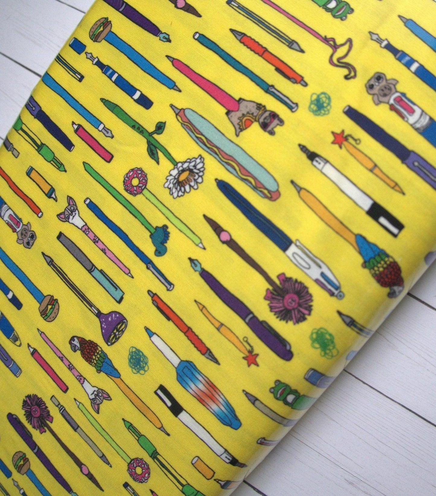 Novelty Pen Print Fabric: Bright Yellow Quilting Cotton - Pen Pals by Windham Fabrics
