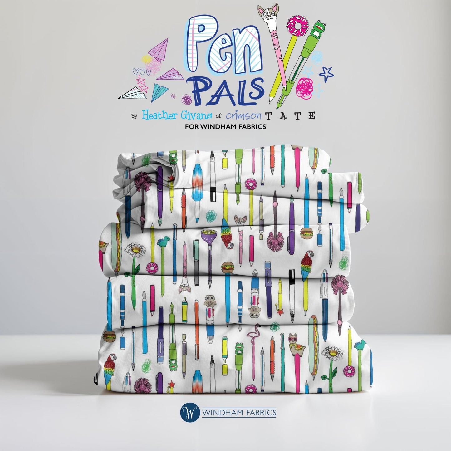 Pen Pals Collection Windham Fabrics, Novelty Pen Print Cotton Fabric, Heather Givans