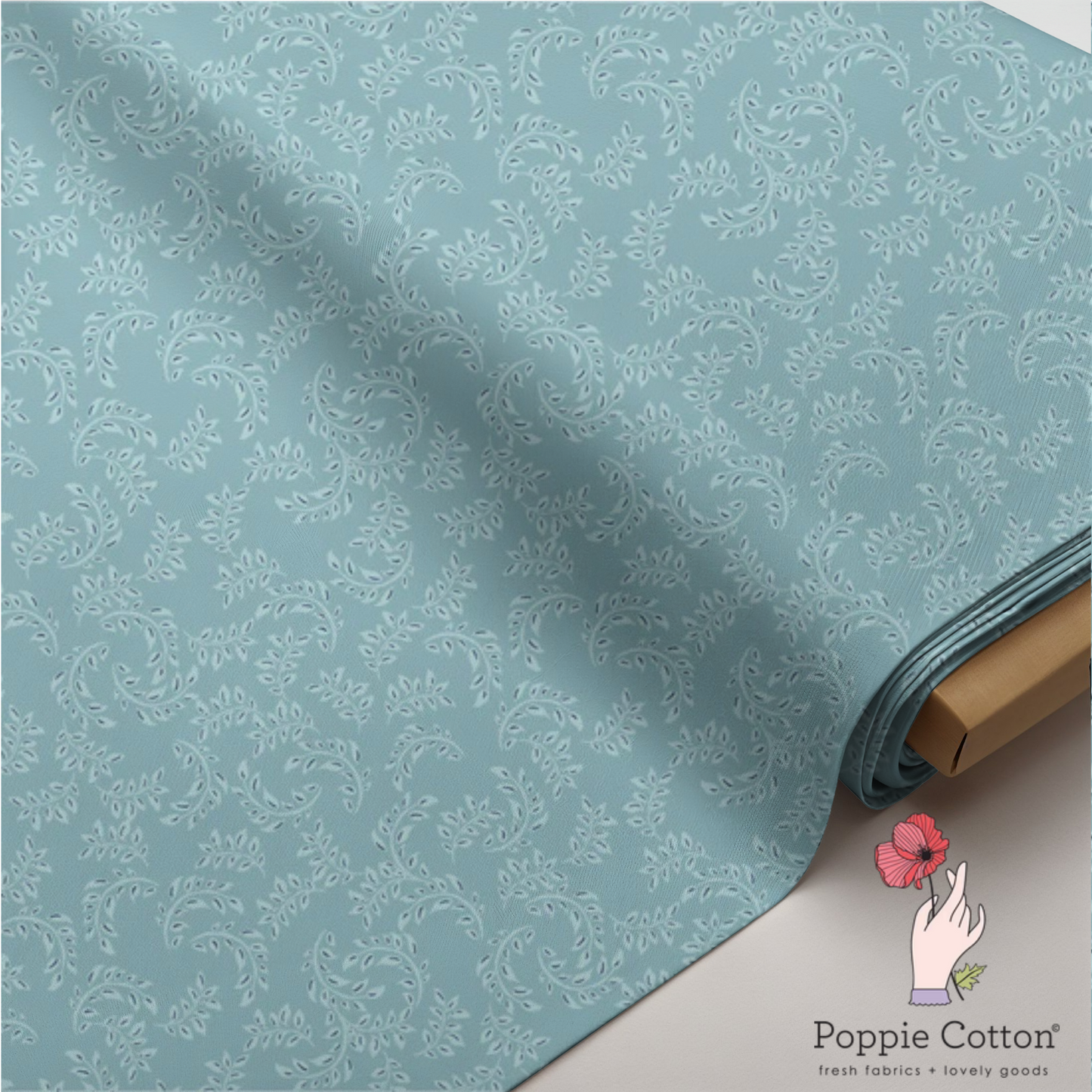 My Darling Deer - Wanderings Sky Blue Leaf Fabric – Poppie Cotton Light Blue Swirl Vine Print  - Ships January 2026