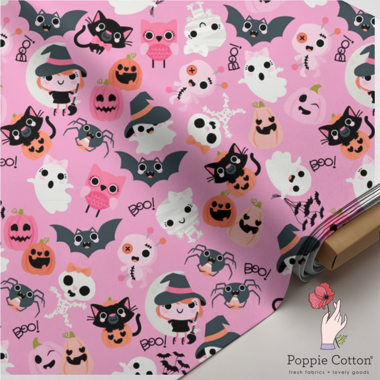 Not So Scary Halloween Fabric – Poppie Cotton Pink Ghosts Cats Bats Pumpkins - Ships May 2026
