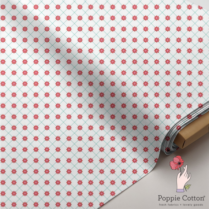 Smitten Chicken Floral Lattice Fabric – Poppie Cotton Red Flowers on White - Ships June 2026