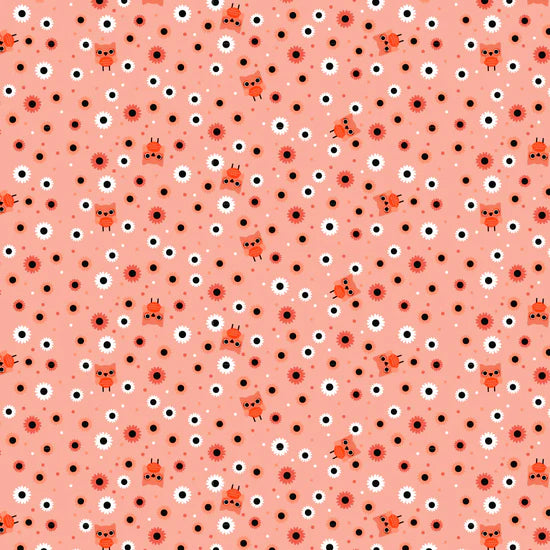 Not So Scary Halloween Cat Fabric – Poppie Cotton Orange Cats with Flowers on Peach - Ship May 2026
