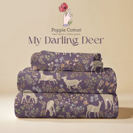 My Darling  Deer Fabric – Poppie Cotton Cream Deer on Plum Purple - Ships January 2026