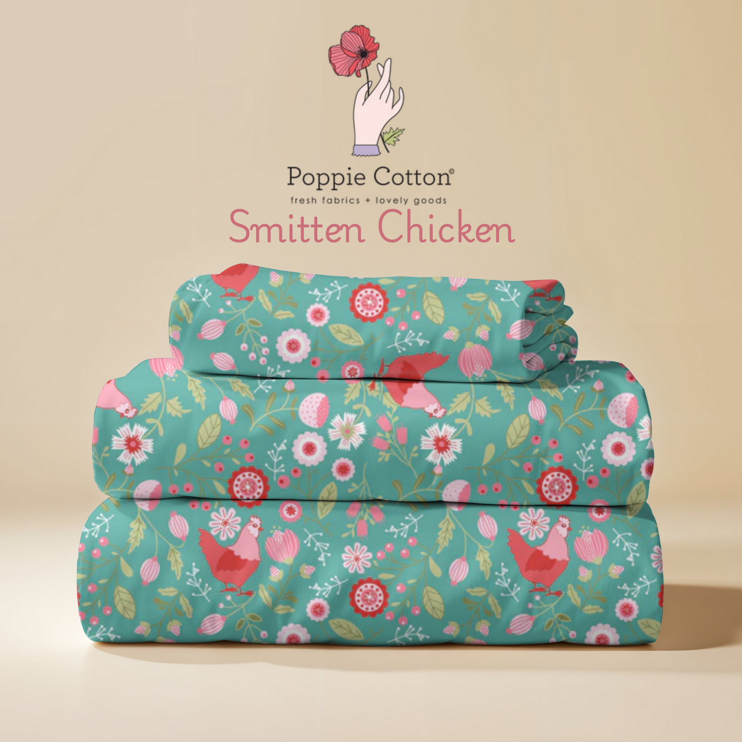 Smitten Chicken Farm Floral Fabric – Poppie Cotton Chickens Flowers on Teal - Ships June 2026