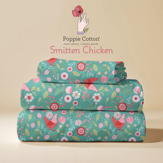 Smitten Chicken Farm Floral Fabric – Poppie Cotton Chickens Flowers on Teal - Ships June 2026