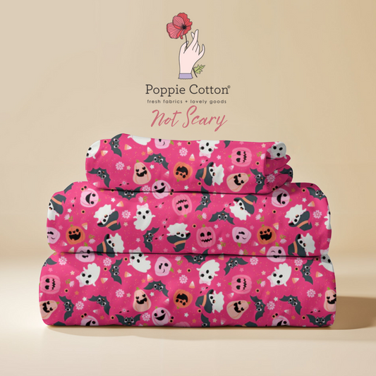 Not So Scary Pink Halloween Fabric – Poppie Cotton Ghosts Bats Pumpkins on Hot Pink - Ships May 2026