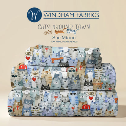Cats Around Town – Cat Crowd by Sue Miano for Windham Fabrics | 100% Cotton Novelty Cat Quilting Fabric | Ships January 2026