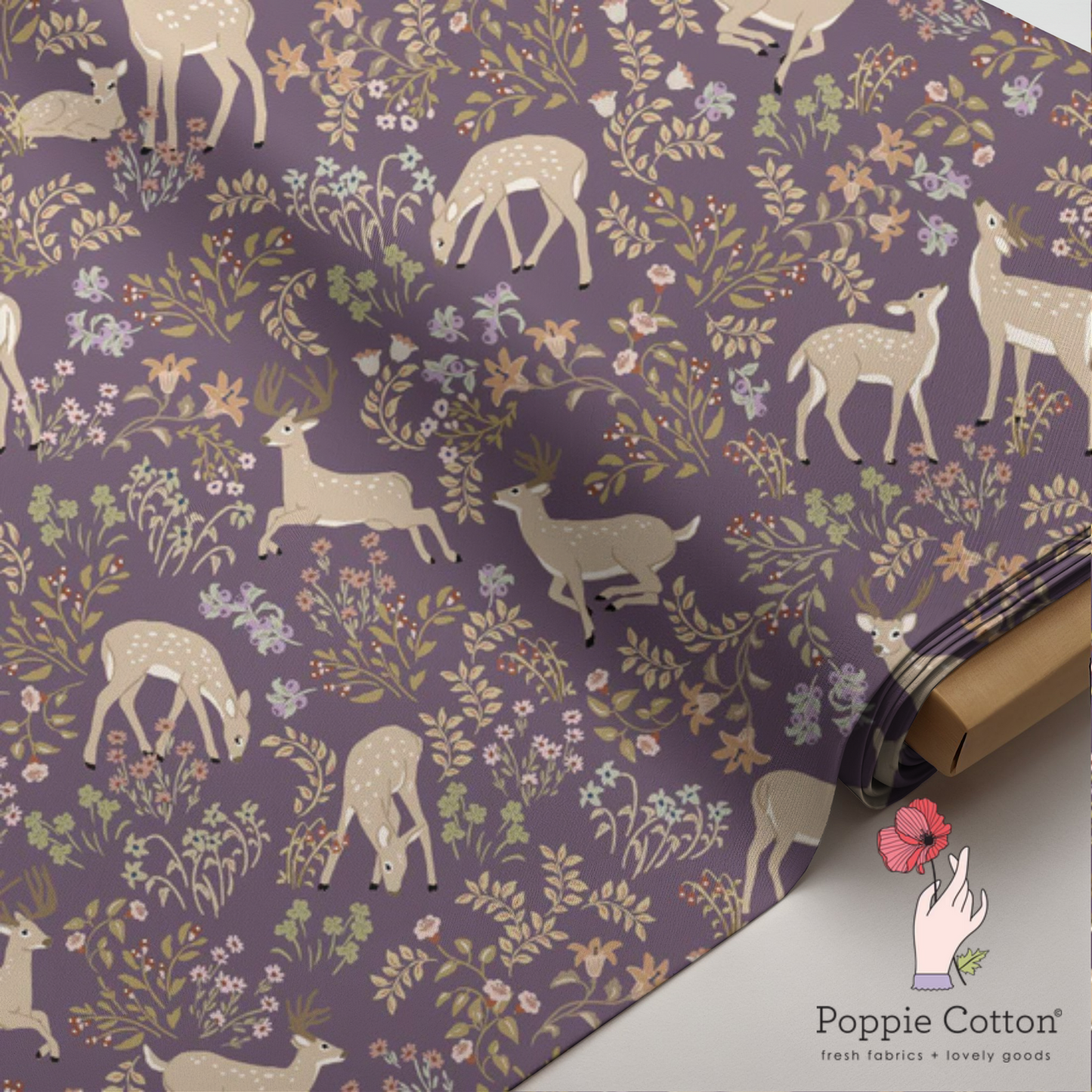 My Darling  Deer Fabric – Poppie Cotton Cream Deer on Plum Purple - Ships January 2026