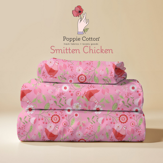 Smitten Chicken Pink Floral Fabric – Poppie Cotton Chickens Flowers on Pink - Ships June 2026