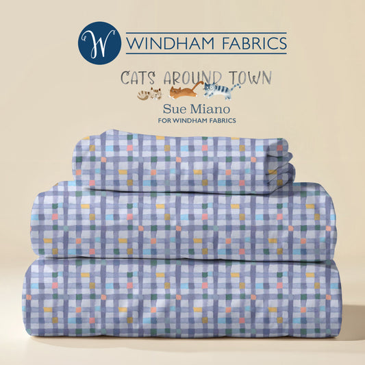 Cats Around Town – Blue Grid Coordinate by Sue Miano for Windham Fabrics | 100% Cotton Blender Fabric | Ships January 2026