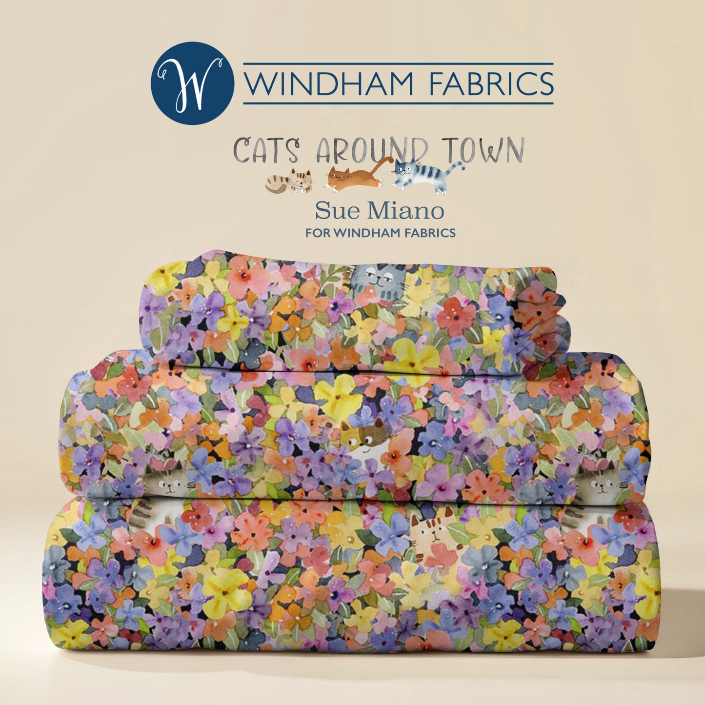 Cats Around Town – Floral Hide & Seek Cats by Sue Miano for Windham Fabrics | Bright Floral Cat Cotton | Ships January 2026