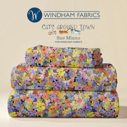 Cats Around Town – Floral Hide & Seek Cats by Sue Miano for Windham Fabrics | Bright Floral Cat Cotton | Ships January 2026