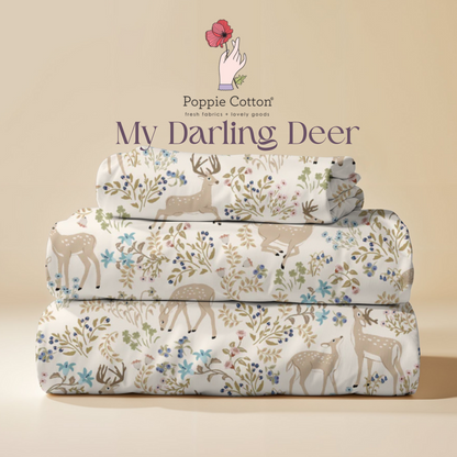 My Darling Deer Fabric – Poppie Cotton Cream Forest Animal with Blue Floral - Ships January 2026