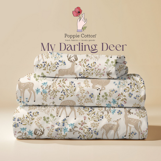 My Darling Deer Fabric – Poppie Cotton Cream Forest Animal with Blue Floral - Ships January 2026