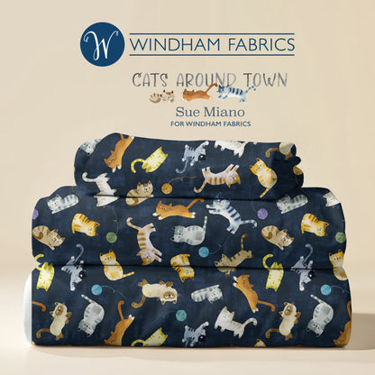 Cats Around Town – Tossed Cats & Yarn on Navy by Sue Miano for Windham Fabrics | 100% Cotton | Ships January 2026