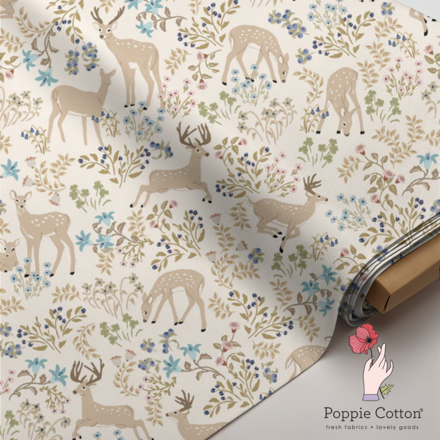 My Darling Deer Fabric – Poppie Cotton Cream Forest Animal with Blue Floral - Ships January 2026