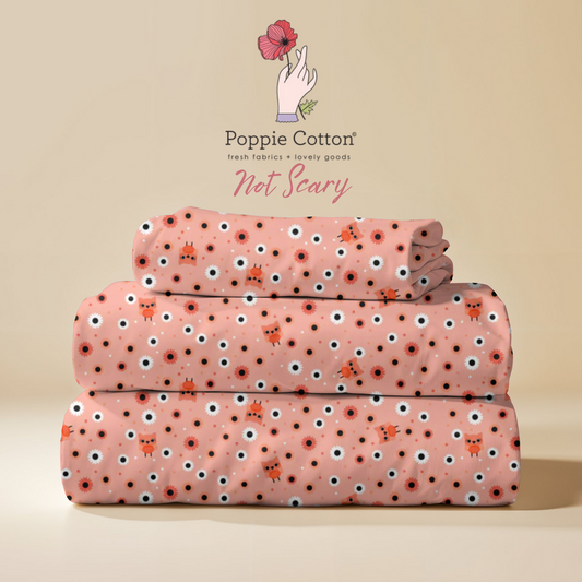 Not So Scary Halloween Cat Fabric – Poppie Cotton Orange Cats with Flowers on Peach - Ship May 2026