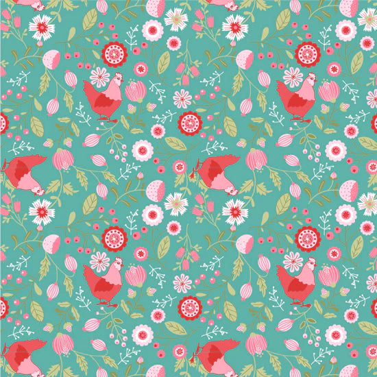 Smitten Chicken Farm Floral Fabric – Poppie Cotton Chickens Flowers on Teal - Ships June 2026