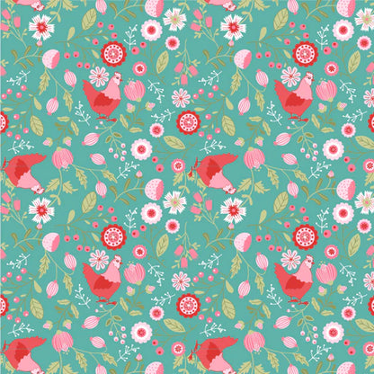 Smitten Chicken Farm Floral Fabric – Poppie Cotton Chickens Flowers on Teal - Ships June 2026