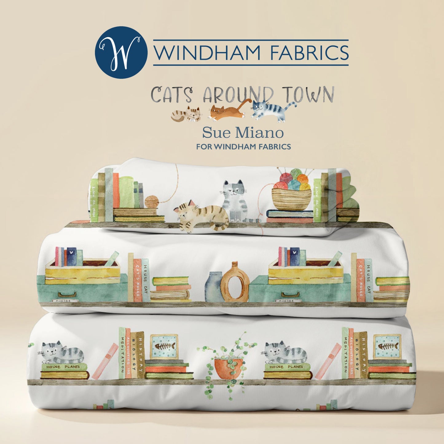 Cats Around Town – Bookshelf Cats by Sue Miano for Windham Fabrics | Reading & Cat Lover Cotton | Ships January 2026