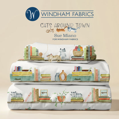 Cats Around Town – Bookshelf Cats by Sue Miano for Windham Fabrics | Reading & Cat Lover Cotton | Ships January 2026