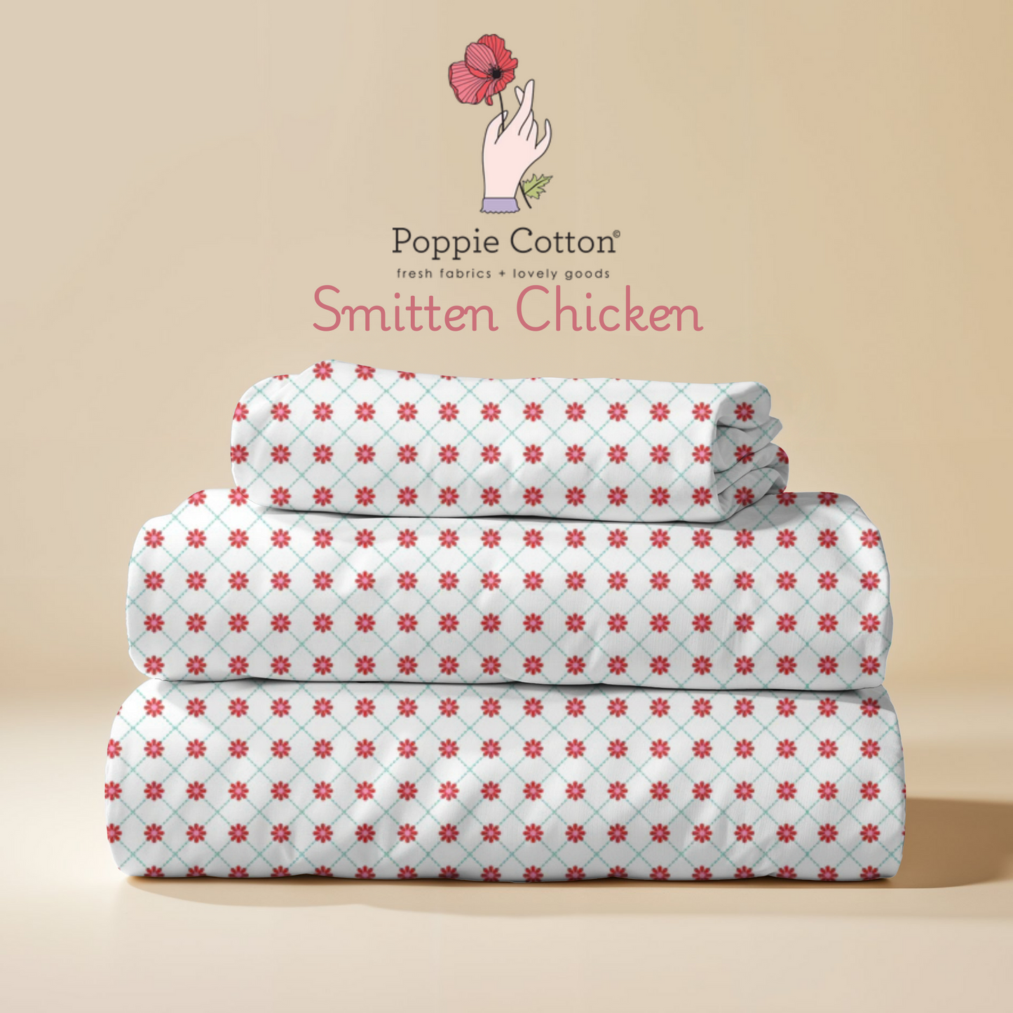 Smitten Chicken Floral Lattice Fabric – Poppie Cotton Red Flowers on White - Ships June 2026