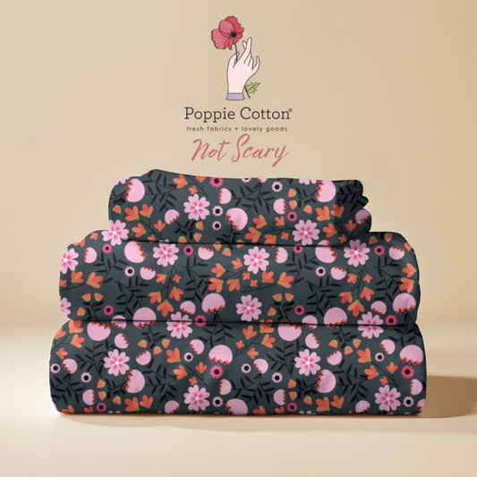 Not So Scary Floral Halloween Fabric – Poppie Cotton Dark Floral with Pink Orange Flowers - May 2026