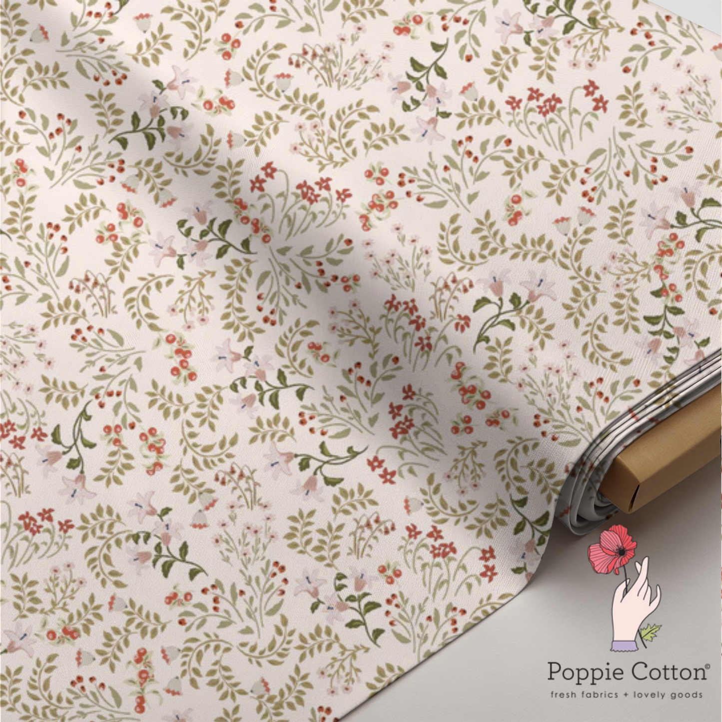 My Darling Deer Cream  Floral Fabric – Poppie Cotton Pink Red Wildflowers on Wheat - Ships January 2026
