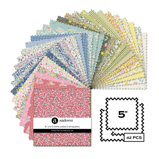 Petite Fleur 5” Charm Pack – 42 Precut Squares – Makower UK for Andover Fabrics