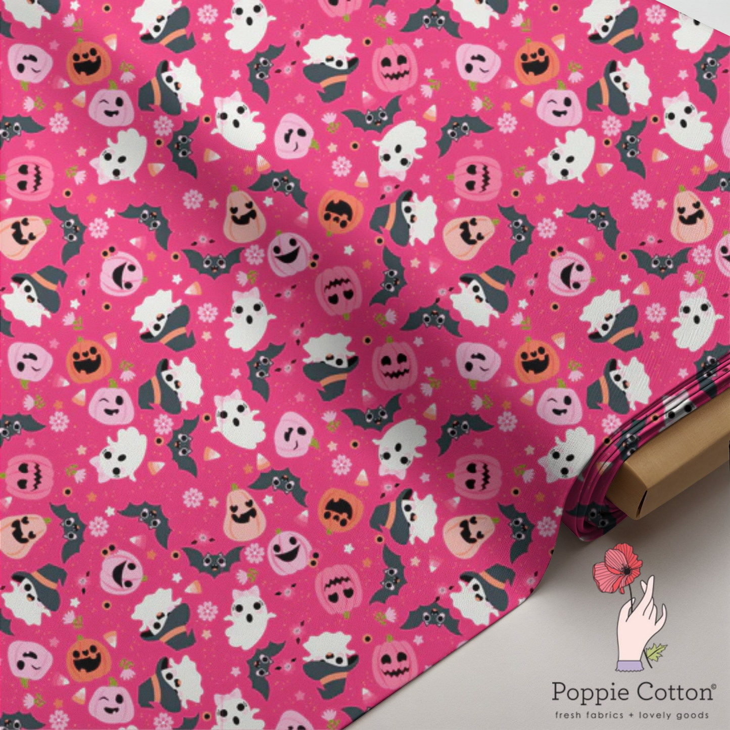 Not So Scary Pink Halloween Fabric – Poppie Cotton Ghosts Bats Pumpkins on Hot Pink - Ships May 2026