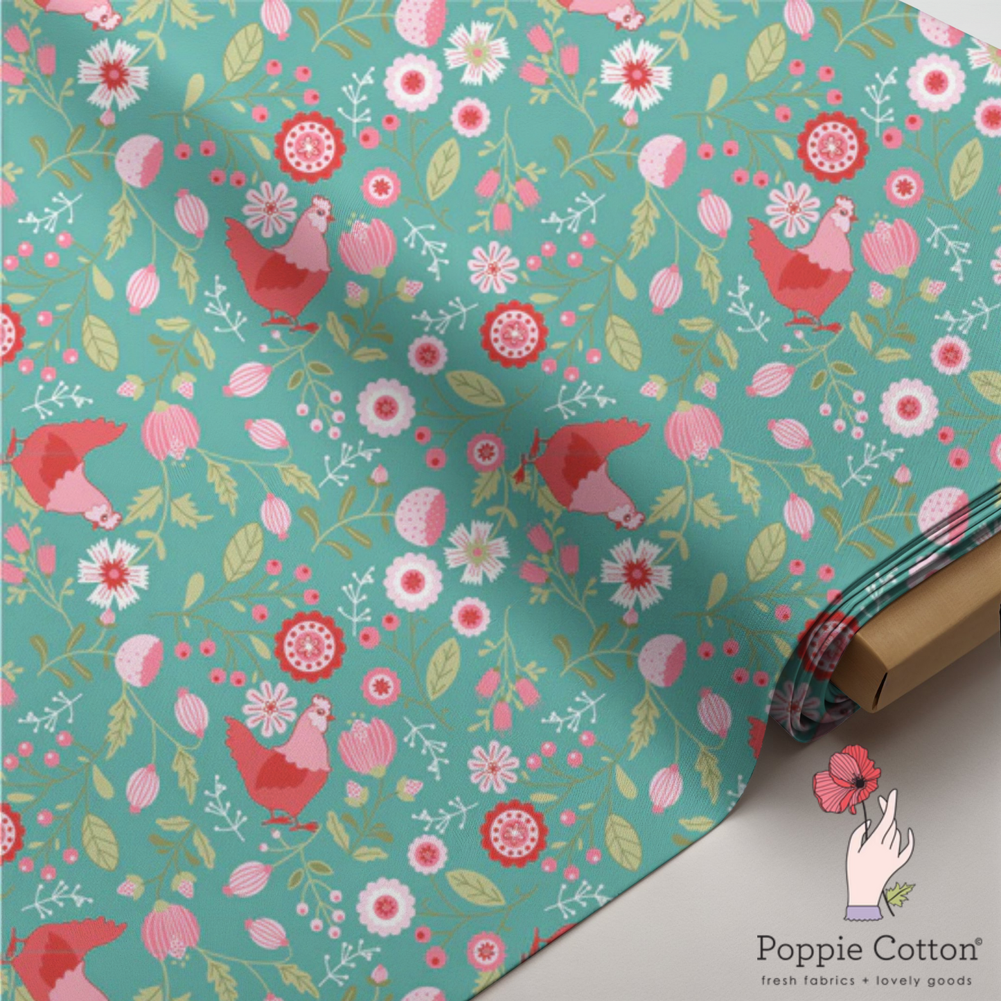 Smitten Chicken Farm Floral Fabric – Poppie Cotton Chickens Flowers on Teal - Ships June 2026