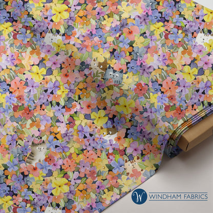 Cats Around Town – Floral Hide & Seek Cats by Sue Miano for Windham Fabrics | Bright Floral Cat Cotton | Ships January 2026