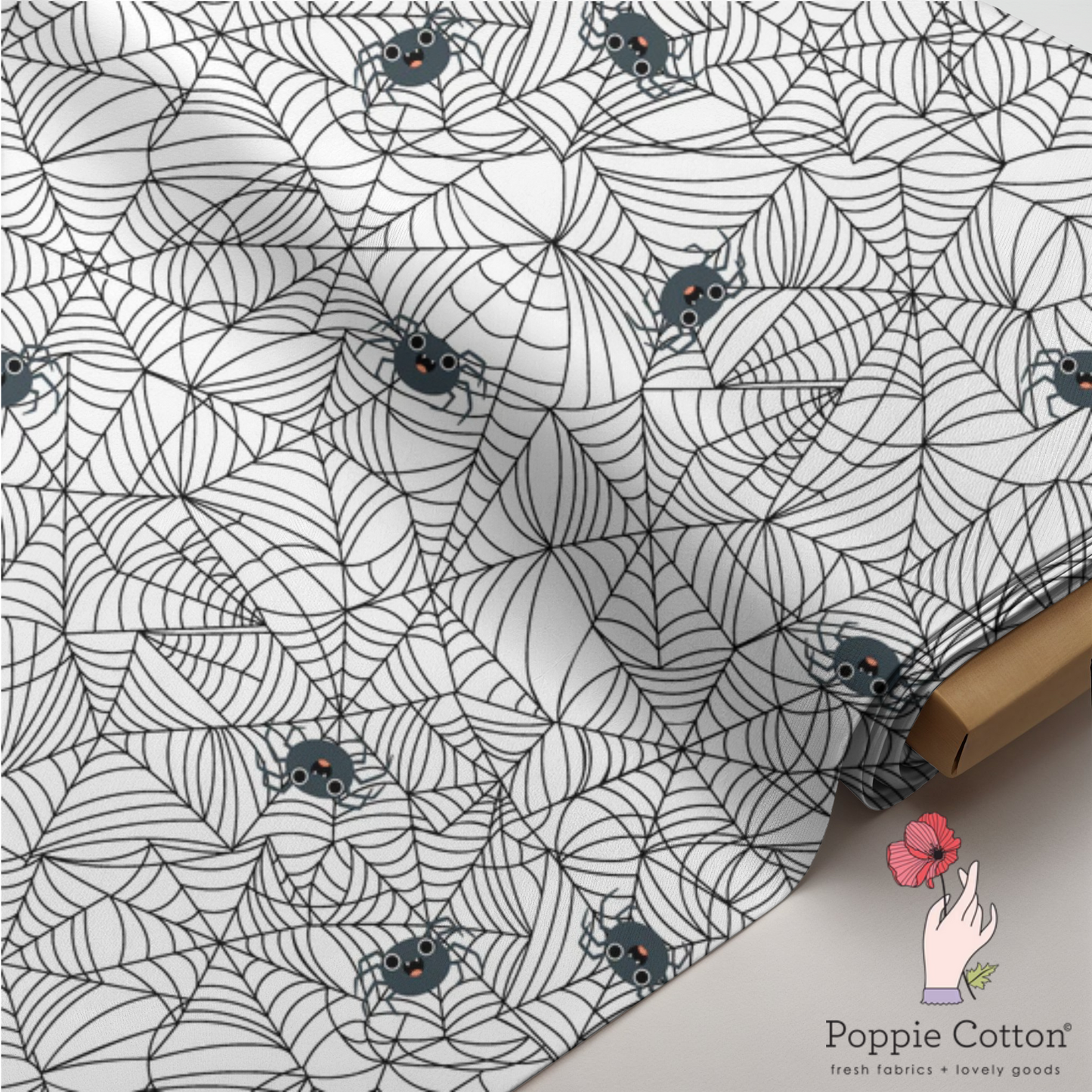 Not So Scary Spider Web Fabric – Poppie Cotton Black Spider Halloween Print - Ships May 2026