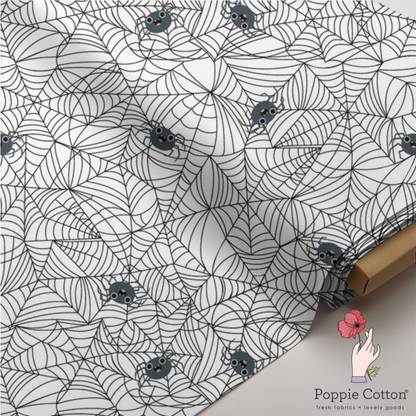 Not So Scary Spider Web Fabric – Poppie Cotton Black Spider Halloween Print - Ships May 2026