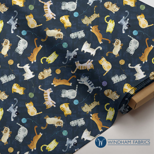 Cats Around Town – Tossed Cats & Yarn on Navy by Sue Miano for Windham Fabrics | 100% Cotton | Ships January 2026