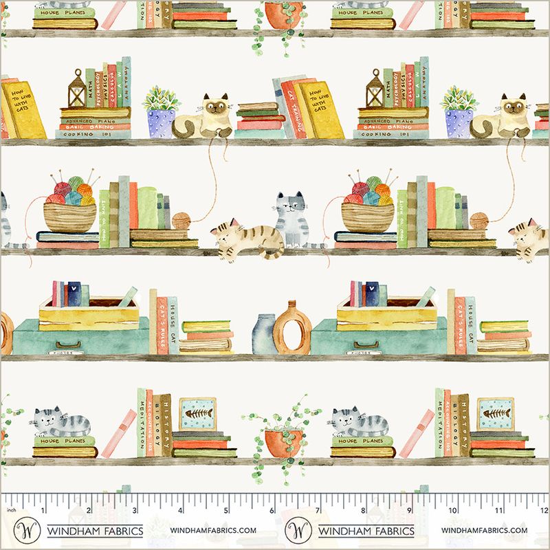 Cats Around Town – Bookshelf Cats by Sue Miano for Windham Fabrics | Reading & Cat Lover Cotton | Ships January 2026