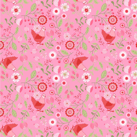 Smitten Chicken Pink Floral Fabric – Poppie Cotton Chickens Flowers on Pink - Ships June 2026